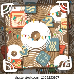 Fantasy collage with an abundance of various objects, figures, numbers and decorative elements. The predominantly brown-beige color palette. Vector illustration