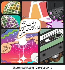 Fantasy collage with elements of 80s music culture. Vinyl record, audio cassette, disco ball and more. Vector illustration