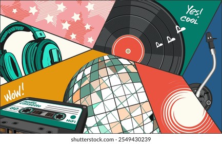 Colagem de fantasia com disco de vinil, disco ball, fita cassete de áudio, fones de ouvido e outros elementos vintage no estilo dos anos 80. Ilustração vetorial