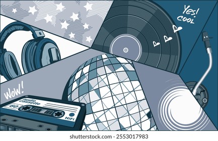 Colagem de fantasia com disco de vinil, disco ball, fita cassete de áudio, fones de ouvido e outros elementos vintage no estilo dos anos 80. Paleta azul. Ilustração vetorial