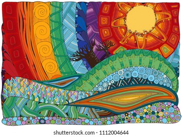 Fantasy color picture.The hot sun,  beautiful landscape, trees. Sunlight. Mountains and plains. Eco theme. Hand-drawn, ethnic, doodle, vector, zentangle.