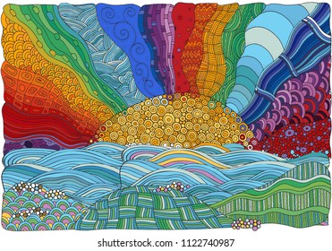 Fantasy color picture with sun and sea shore. Beach landscape. Sunlight. Eco theme. Hand-drawn, ethnic, doodle, vector, zentangle.