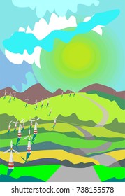 The fantasy colored vector illustration of a landscape with the green sun and wind mills
