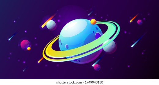 Fantasy colorful art with planets, rings, stars and comets. Cool cosmic background for game or poster design. Vector illustration