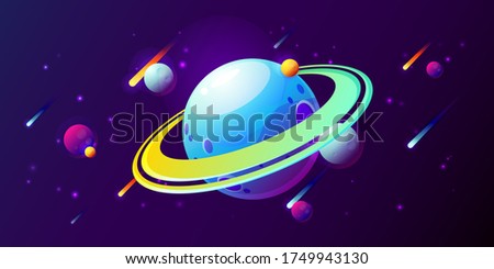 Fantasy colorful art with planets, rings, stars and comets. Cool cosmic background for game or poster design. Vector illustration