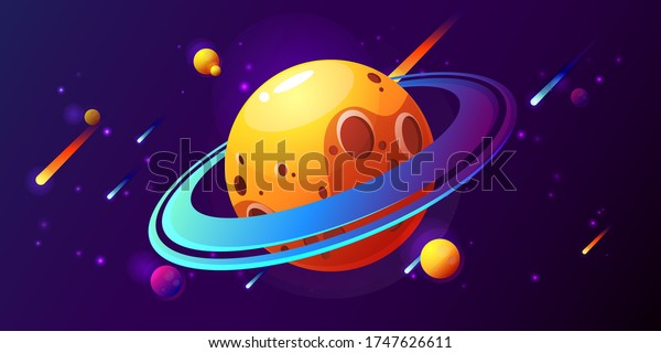 Fantasy colorful art with planets, rings,\
stars and comets. Cool cosmic background for game or poster design.\
Vector illustration