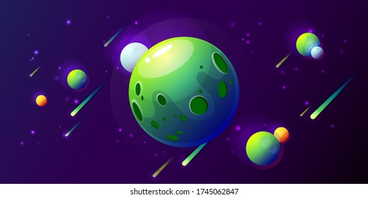 Fantasy colorful art with planets, stars and comets. Cool cosmic background for game or poster design. Vector illustration