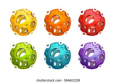 Fantasy colorful collapsing planets set. Vector game assets. Isolated on white.