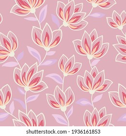 Fantasy colorful flowers with light purple leaves on a pink background. Seamless floral doodle pattern. Suitable for textile, packaging, wallpaper.