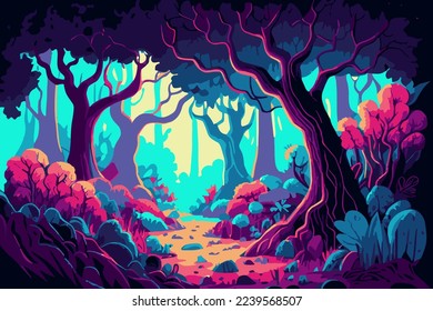 Fantasy colorful forest with giant trees and road