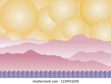 Fantasy colorful landscape, mountains, trees, abstract circular sky scenery. Vector illustration panorama, planet space sci-fi background for game, website, print. 