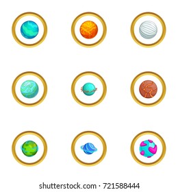 Fantasy colorful planet icons set. Cartoon style set of 9 fantasy colorful planet vector icons for web design