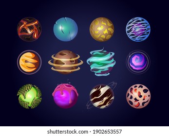 Fantasy colorful planets set. Cartoon planets vector cute set Space objects - sun, moon, mars, mercury, earth.