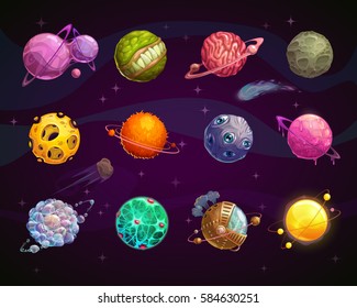 Fantasy colorful planets set. Cool cosmic collection for game design. Vector illustration.