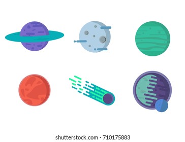 Fantasy colorful planets set. Cool flat cosmic collection of planets with comet. Vector illustration.
