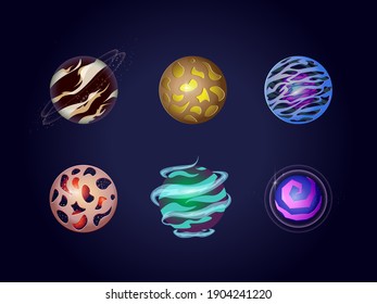 Planetas coloridos y fantásticos. Coloridos diferentes planetas universo espacial, astronomía objetos cósmicos galaxias cósmicas mundo fantástico.
