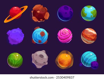 Fantasia conjunto de vetores de planetas coloridos. Objetos de galáxias fantásticas, planetas cósmicos abstratos com órbitas, crateras, satélites, anéis. Coleção de universo de desenhos animados para design de jogos, mundos espaciais alienígenas