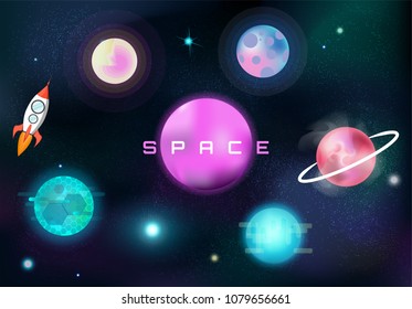 Fantasy colorful space set. Galaxy background (planets, stars and space rocket, galaxy) Cosmic collection for game design.Colorful cartoon fantasy planets set on space background. Vector illustration