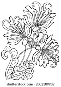 libro de fantasía flores de libro de colorear plantas contorno golpe en fondo blanco ilustración de vectores boceto dibujar manos postales página gráfica anti estrés