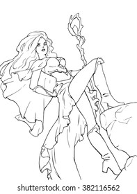 Fantasy coloring book illustration of a young beautiful sexy woman witch 