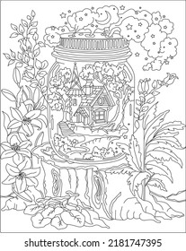 Fantasy coloring book page for kids ands adults.