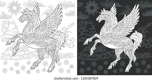 Fantasy. Coloring Page. Coloring Book. Colouring picture with pegasus drawn in zentangle style. Antistress freehand sketch drawing. Vector illustration.