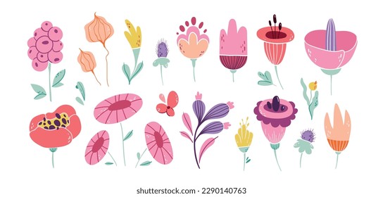 Flores coloridas, hojas, ramas y bayas dibujadas a mano conjunto de artes clip plano, elementos lindos aislados florales, elementos botánicos naturales para invitaciones, tarjetas, blogs, ilustraciones vectoriales conjunto