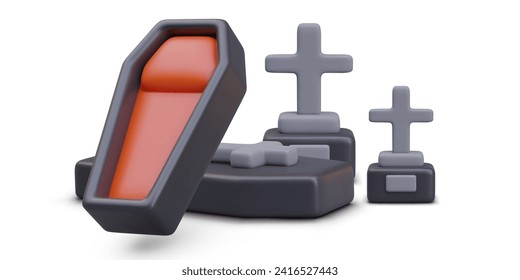 Fantasy composition with cartoon open black-red coffins and graves with cross monuments on white background. Vector illustration in 3d style with white background