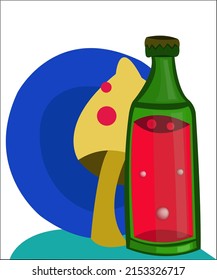 A fantasy composition of a yellow mushroom, a blue plate and a bottle of red drink. This logotype can be used for creative and funky organizations, restaurants and bars. Vector illustration, isolated