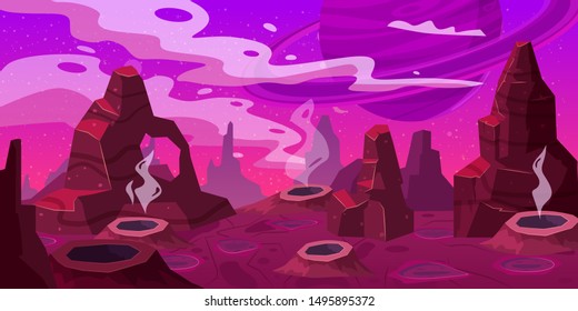 Fantasy concept space cartoon game background. Fantastic sci-fi alien planet landscape for a space arcade game level design. Vector isolated