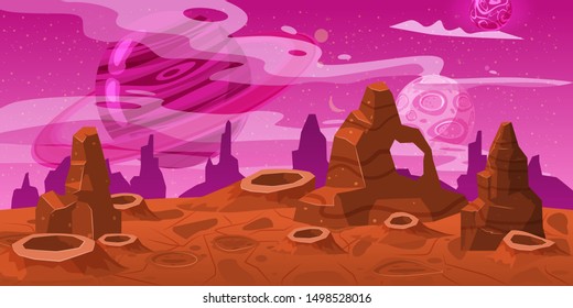 Fantasy concept space cartoon game background. Fantastic sci-fi alien planet landscape for a space arcade game level design. Vector isolated