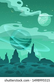 Fantasy concept space cartoon game background. Fantastic sci-fi alien planet landscape for a space arcade game level design. Vector isolated