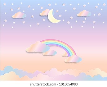 fantasy concept,pastel rainbow background.paper art style