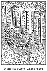 Fantasy conceptual illustration of depression with swords, falling angel and decorated elements for tattoo, coloring page, print, tarot cards. Vector line art, gothic, epic and vintage concept 