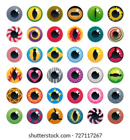 Fantasy contact lenses set isolated on white background. Colorful eyes vector illustration.
