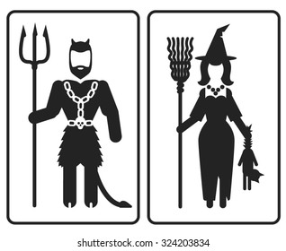 fantasy contour vector icons of restrooms man and woman for theme halloween parties, witch and devil WC on white background