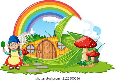Fantasy corn house with rainbow in the sky  illustration