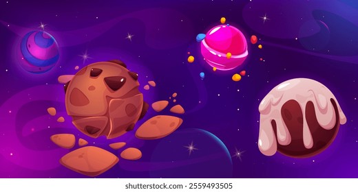 Fantasy cosmic candy land space landscape with sweet celestial objects - chocolate asteroid fragments near cookie planet, lollipop sphere with bonbons, ice cream covered world on purple starry sky.