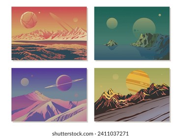Fantasy Cosmic Landscapes, Unknown Planets Panorama set, Mountains, Rocks, Valleys, Sea 