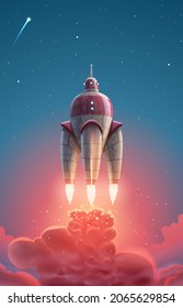 Fantasy cosmic spaceship over starry sky with fire flame and red smoke. Magic rocket in space flying to far stars in vector. High detailed illustration art.