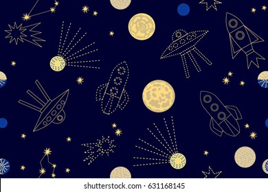 Fantasy cosmic travel. Abstract vector background with linear space ships and planets.