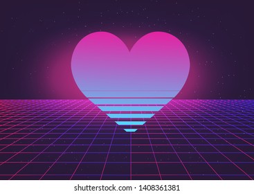 Fantasy cosmic virtual reality retrofuturistic cyber landscape of arcade video game with neon laser grid and heart. Synthwave/ vaporwave/ retrowave style illustration.