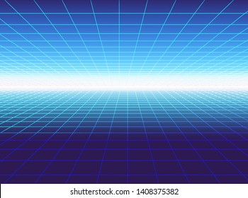 Fantasy cosmic virtual reality retrofuturistic cyber landscape of arcade video game with neon 3d laser grid. Synthwave/ vaporwave/ retrowave style illustration, aesthetics of 80s-90s.