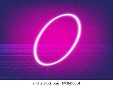 Fantasy cosmic virtual reality retrofuturistic cyber landscape of arcade video game with neon 3d laser grid and portal. Synthwave/ vaporwave/ retrowave style illustration, aesthetics of 80s-90s.