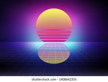 Fantasy cosmic virtual reality retrofuturistic cyber landscape of arcade video game with neon 3d laser grid. Synthwave/ vaporwave/ retrowave style illustration, aesthetics of 80s-90s.