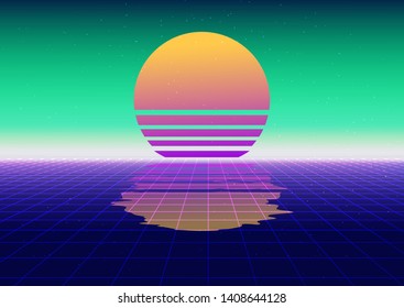 Fantasy cosmic virtual reality retrofuturistic cyber landscape of arcade video game with neon 3d laser grid. Synthwave/ vaporwave/ retrowave style illustration, aesthetics of 80s-90s.