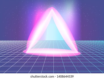 Fantasy cosmic virtual reality retrofuturistic cyber landscape of arcade video game with neon 3d laser grid. Synthwave/ vaporwave/ retrowave style illustration, aesthetics of 80s-90s.