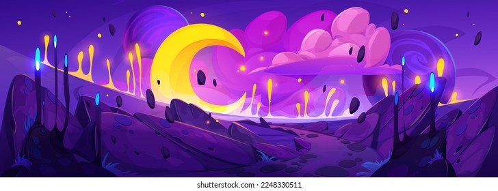 Fantasy Kosmos Illustration mit außerirdischer Planetenlandschaft, Mond und Wolken am Himmel. Magische Welt aus Traum, fantastische Szene von Raum und Planetenoberfläche, Vektorgrafik