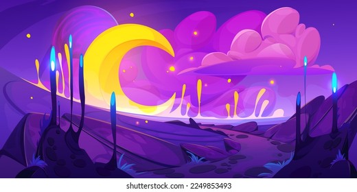 Fantasy cosmos illustration with alien planet landscape, moon and clouds in sky. Magic world from dream, fantastic scene of space and planet surface, vector cartoon illustration