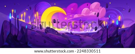 Fantasy cosmos illustration with alien planet landscape, moon and clouds in sky. Magic world from dream, fantastic scene of space and planet surface, vector cartoon illustration